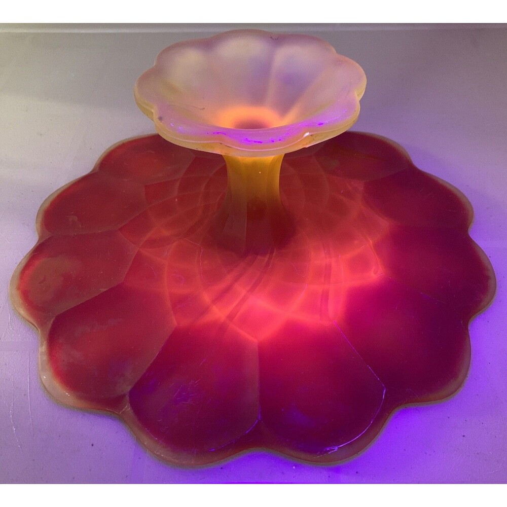 L E Smith Satin Amber Flame Frosted Amberina Dominion Cake Plate Pedestal Glows